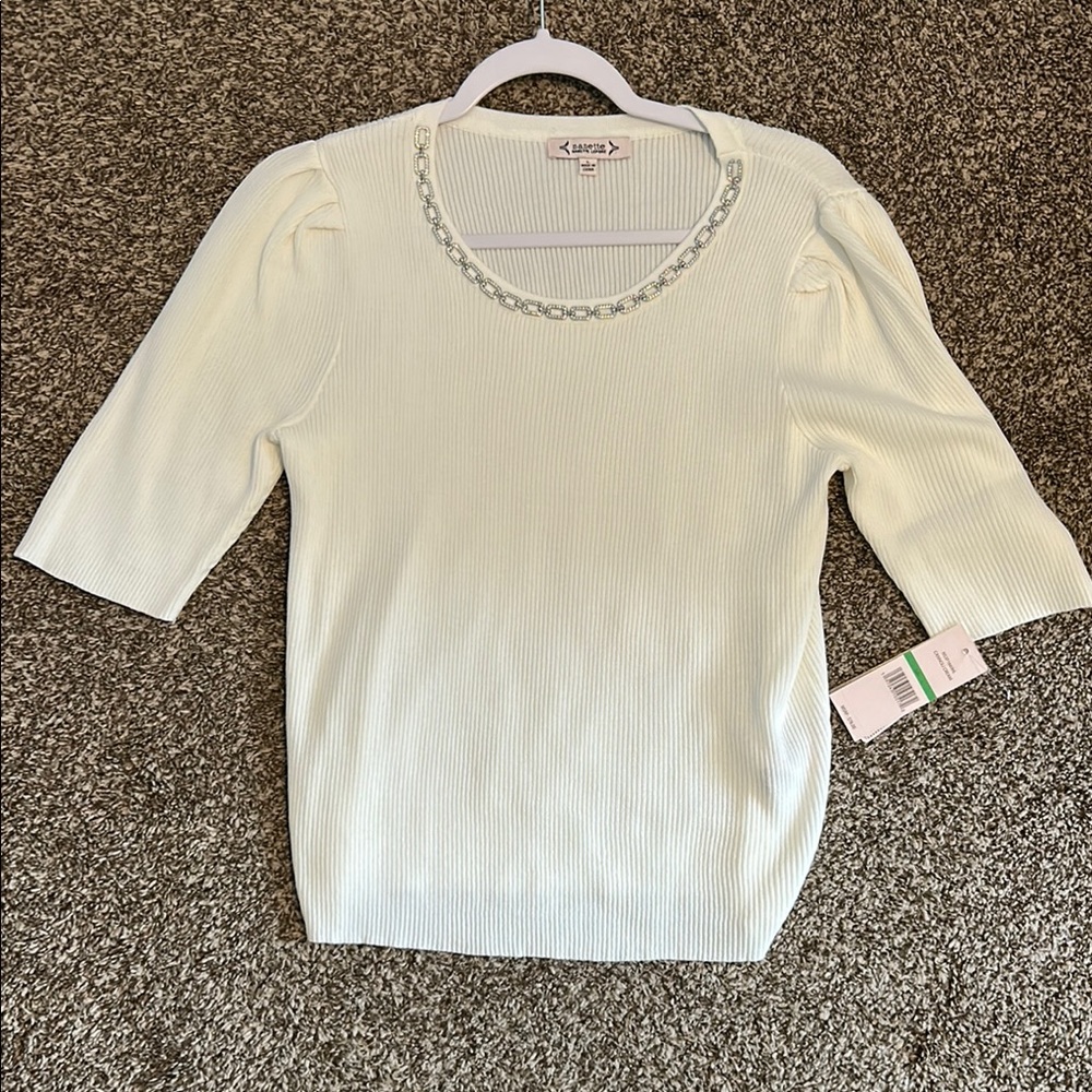 Nanette Lepore Cream Blouse with Embellished Neckline